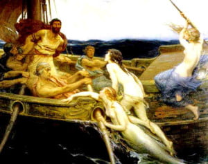 Image of odysseus tied to a mast, resisting sirens and relying on the trust of his crew
