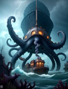 Illustration of a large kraken attacking a ship in stormy waters, a metaphor for Agility at Scale