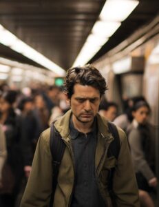 Image of a person navigating a bustling subway station – crowded, impersonal, and devoid of genuine connection. Metaphor for wrath in the workplace