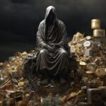 image of a shadowing figure sitting on a pile of gold, signifying envy or greed