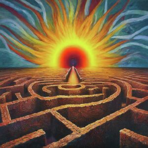 Illustration of a maze with a clear path leading to the horizon indicating cooperative ventures
