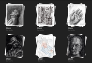 Thumbnails of pencil drawing sketches, used to indicate experiments in giving myself personal agency to simply be