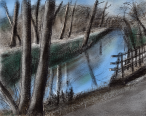 Illustration of a canal, a bridge, a path with tree trunks, bare of leaves, late autumn