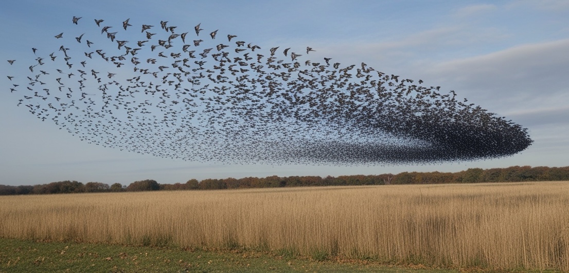 Starling Murmuration with each bird moving independently yet remaining perfectly attuned to the whole