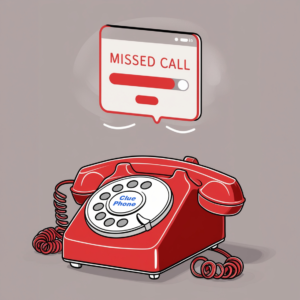 illustration of a retro-style desk phone in red, with a prominent 'Missed Call' notification hovering above it. 