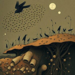 Illustration with various ecosystems showing distributed patterns - starling murmuration, ant colony, mycelial network