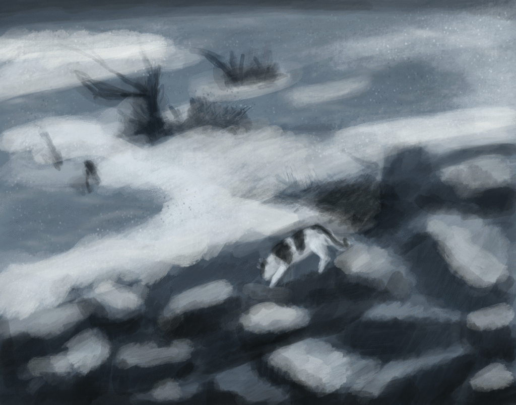 A beautiful atmospheric illustration of a cat navigating through a snowy or misty landscape with contrasting dark and light elements. 