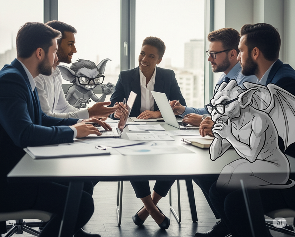 Split screen: Left side shows a mischievous gremlin with reading glasses causing chaos in a meeting room (papers flying, team members looking frustrated). Right side shows the same creature transformed into a wise gargoyle, sitting thoughtfully while team members collaborate peacefully around a table.